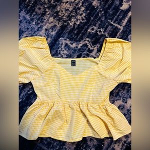 Shein - Puff Sleeve Ruffle Hem Gingham Blouse